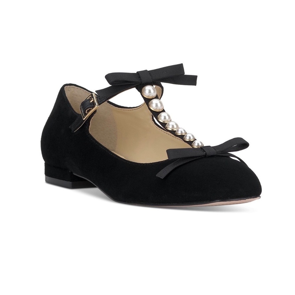 Jessica Simpson T-Strap Flats Womens 5 Black Velvet Pearl Bow Square Toe Shoes